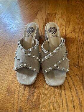 Vince Camuto Beige Suede Studded Slide Mules